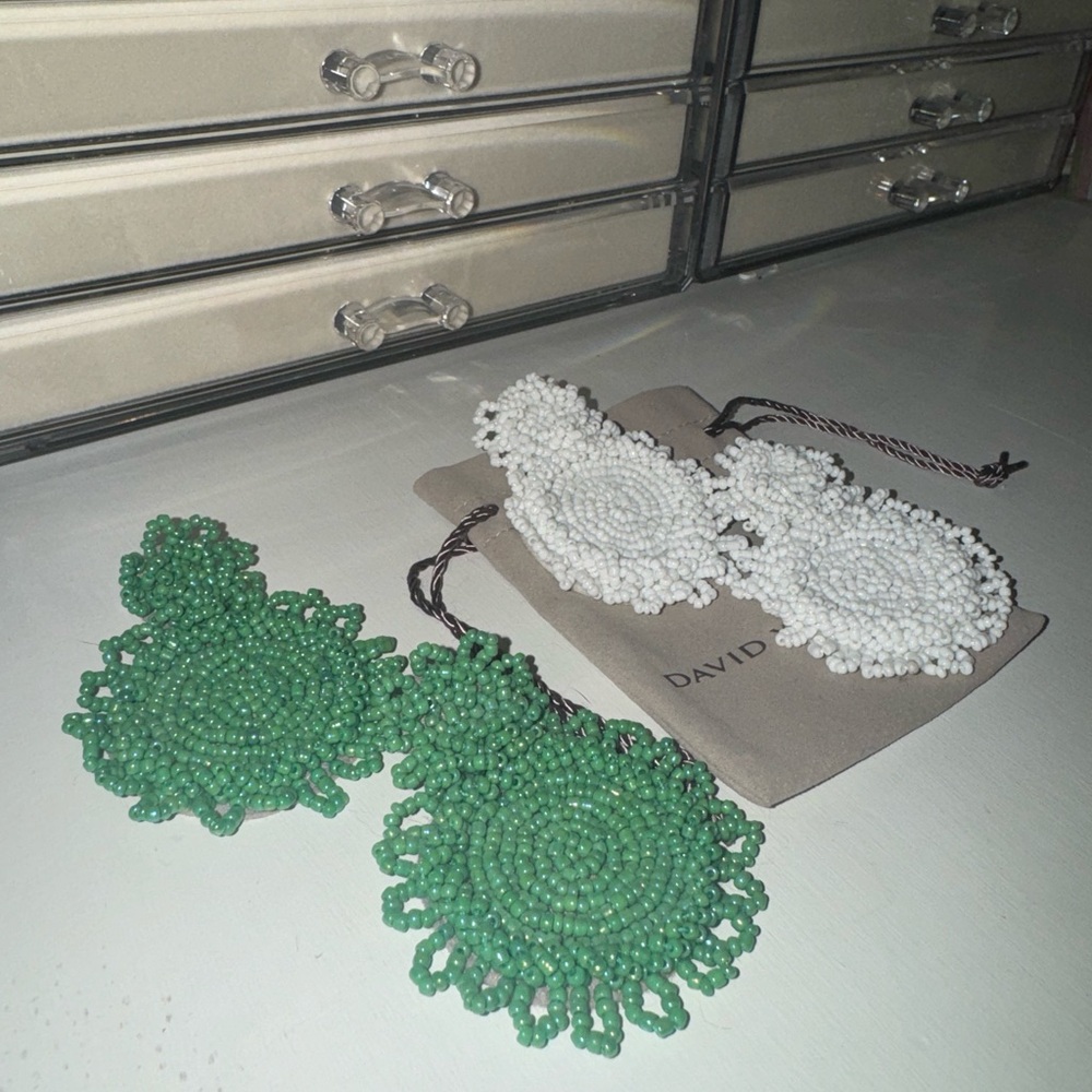 Green and White Beaded Earrings Set